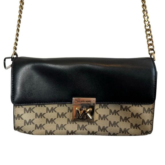 Michael Kors Brown Logo Black Leather Lock Closure Crossbody Bag Gold Hardware - Picture 1 of 11